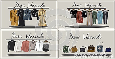 Capsule basic wardrobe for a woman. Minimalism. Fashion. Big cupboard. Wardrobe with a set of clothes on hangers and bags. Isolate Vector Illustration